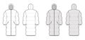 Down puffer coat jacket technical fashion illustration with hoody collar, zip-up closure, knee length, wide quilting