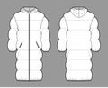 Down puffer coat jacket technical fashion illustration with long sleeves, hoody collar, zip-up closure, knee length