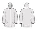 Down puffer coat jacket technical fashion illustration with long sleeves, hoody collar, zip-up closure, thigh length