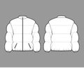 Down puffer coat jacket technical fashion illustration with stand, zip-up closure, boxy fit, hip length, wide quilting