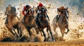 Down the stretch. A jockey and his Thoroughbred thunder down the track in front of the pack