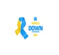 Down syndrome ribbon, blue and yellow medical emblem.