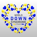 Down syndrome world day vector poster with blue and yellow ribbon. Social poster 21 March World Down Syndrome Day