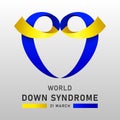 Down syndrome world day vector poster with blue and yellow ribbon. Social poster 21 March World Down Syndrome Day