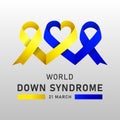 Down syndrome world day vector poster with blue and yellow ribbon. Social poster 21 March World Down Syndrome Day