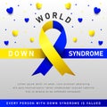 Down syndrome world day vector poster with blue and yellow ribbon. Social poster 21 March World Down Syndrome Day