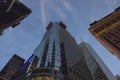 Down up view of skyscrapers on night sky background. Manhattan, New York, Royalty Free Stock Photo