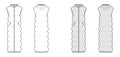 Down vest puffer waistcoat technical fashion illustration with sleeveless, hoody collar, zip-up closure, maxi length