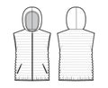 Down vest puffer waistcoat technical fashion illustration with sleeveless, hoody collar, zip-up closure, hip length