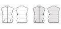 Down vest puffer waistcoat technical fashion illustration with sleeveless, stand collar, pockets, oversized, hip length