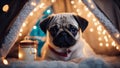 A downcast pug puppy gazing out from a whimsical tent made of blankets and fairy lights,