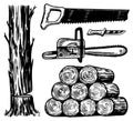 Downed logs, Saw or chainsaw, Work tools. Hand drawn elements for Lumberjack Woodsman. Vector illustration. Engraved Royalty Free Stock Photo