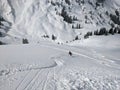 Downhill fun in deep powder snow with the free touring skis in the mountains of glarus. Winter landscape. mountaineering Royalty Free Stock Photo