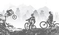 Downhill mountai biking freeride and enduro illustration. Bicycle background with silhouette of downhill riders in