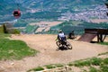 Downhill mountain bikers riding down the trail on Pohorje near Maribor, Slovenia Royalty Free Stock Photo