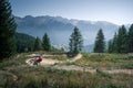 Downhill mountain biking on a shaped bike park trail in Austria