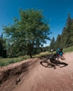 Downhill mountain biking on a shaped bike park trail in Bavaria, Germany