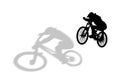 Downhill mountainbiker at the jump, mtb black silhouette. Royalty Free Stock Photo