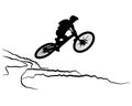 Downhill mountainbiker at the jump, mtb black silhouette. Royalty Free Stock Photo
