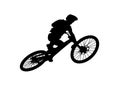 Downhill mountainbiker at the jump, mtb black silhouette. Royalty Free Stock Photo