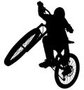 Downhill mountainbiker at the jump, mtb black silhouette. Royalty Free Stock Photo