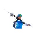 Downhill skier holding ski, low polygonal vector portrait. Geometric illustration from triangles