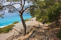 Downhill to sand dunes of Agios Pavlos beach from e4 trail between Loutro and Agia Roumeli at south-west od Crete island Royalty Free Stock Photo