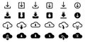 Download Button Line and Silhouette Icon Set. Cloud, Circle, Arrow Down Upload Concept Symbol. Down Load Web App, File Royalty Free Stock Photo