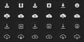 Download Button Line and Silhouette Icon Set. Cloud, Circle, Arrow Down Upload Symbol. Download Web App, File, Video Royalty Free Stock Photo