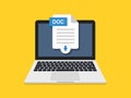 Download of doc document in computer. Icon of upload file in laptop. Digital text file for download from internet. Click to save