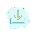 Download file icon in comic style. Arrow down downloading vector cartoon illustration pictogram. Download business concept splash Royalty Free Stock Photo