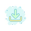 Download file icon in comic style. Arrow down downloading vector cartoon illustration pictogram. Download business concept splash Royalty Free Stock Photo