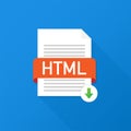 Download HTML button. Downloading document concept. File with HTML label and down arrow sign. Vector illustration.