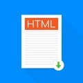 Download HTML button. Downloading document concept. File with HTML label and down arrow sign. Vector illustration.