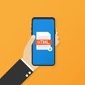 Download HTML button on smartphone screen. Downloading document concept. File with HTML label and down arrow sign