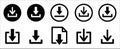 Download icon set. Download buttons vector icons set. Stream down website button collection. Circle and square shape. Vector stock Royalty Free Stock Photo