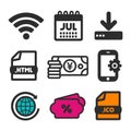 Download icon. Shopping sale symbol. HTML document and Calendar July icons. Globe circle sign. Money yen icon.