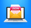 Download JSON button. Downloading document concept. File with JSON label and down arrow sign. Vector illustration.