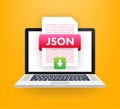 Download JSON button. Downloading document concept. File with JSON label and down arrow sign. Vector illustration.