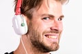 Download music application. Youth music taste. Student handsome guy listening music. Modern people concept. Man tousled Royalty Free Stock Photo