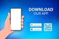 Download pages. Mobile app application. Business concept. Hand touch screen smartphone icon.