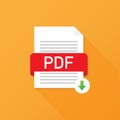 Download PDF button. Downloading document concept. File with PDF label and down arrow sign. Vector illustration.