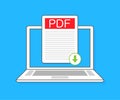 Download PDF button on laptop screen. Downloading document concept. File with PDF label and down arrow sign. Vector Royalty Free Stock Photo