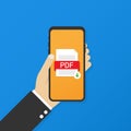 Download PDF button on smartphone screen. Downloading document concept. File with PDF label and down arrow sign Royalty Free Stock Photo