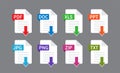 Download pdf file. Documents File Format icon. File type isolated on gray background. PDF, DOC, XLS, JPG, PNG, ZIP, PPT, TXT. Royalty Free Stock Photo