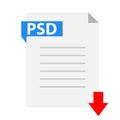 Download PSD icon on white background. PSD file with down arrow sign. PSD document type symbol. flat style