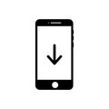 Download smartphone icon in black flat design on white background, File download on screen