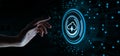 Download software application internet technology concept. Human hand pressing button on screen Royalty Free Stock Photo