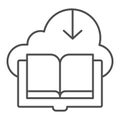 Downloaded book thin line icon. Cloud with book vector illustration isolated on white. Save ebook outline style design Royalty Free Stock Photo