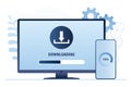 Downloading files on pc or smartphone. Software page on monitor and mobile app, download system update concept